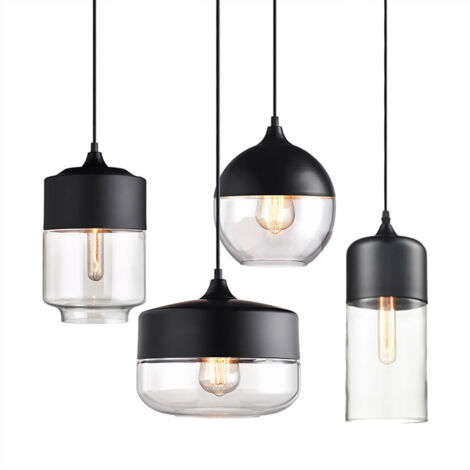 Lot de 4 Suspension Design Cylindre Style Retro Vintage Contemporain, Moderne Lustre Abat-jour en Verre Luminaire Salle à manger Chambre Salon Bar - Noir et Transparent
