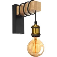 Stoex – Applique murale vintage industrielle – Abat-jour métal noir et laiton – Support bois – 15x6,5x22cm – Pour salon, couloir, bar