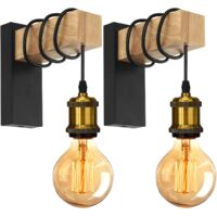 Stoex – Applique murale vintage industrielle E27 – Abat-jour métal noir et laiton – Support bois – 2 pièces – Luminaire pour salon et couloir