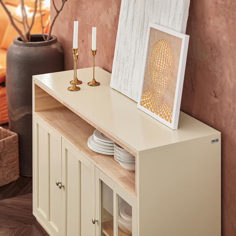 Buffet Cuisine 2 Portes Vitrées - Meuble Rangement Micro-Ondes 120x40x90cm - Beige