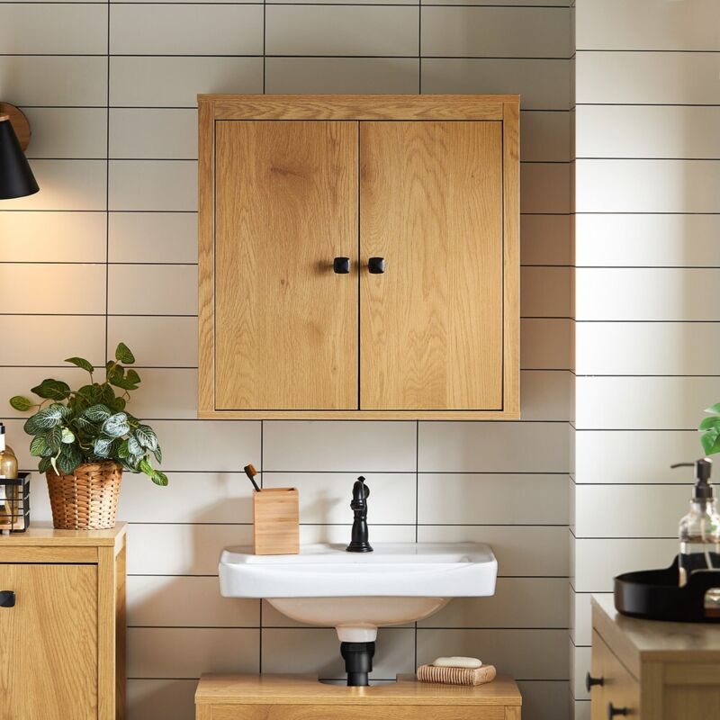 SoBuy Armoire Murale Salle De Bain 60x30x60cm - Placard Rangement Suspendu Bois Avec 2 Portes Et 2 Étagères, BZR168-SN
