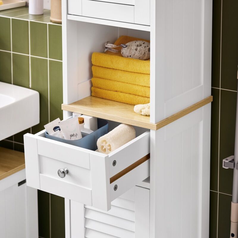SoBuy Meuble Colonne Salle De Bain Blanc FRG236-W - Armoire Haute Rangement Avec Tiroir, 2 Portes Et Étagères Réglables - L32xP30xH170cm
