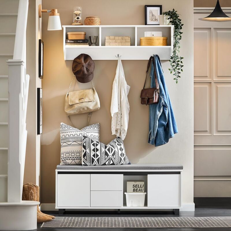 SoBuy Banc De Rangement Banc à Chaussures Avec Coussins Rembourrés 101x35x46 Cm - Meuble Entrée Avec Porte Coulissante Et 3 Compartiments, FSR125-WN