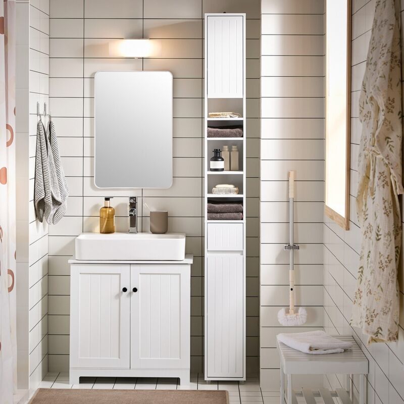 Miroir Mural Carré Avec étagère - Rangement Salle De Bain Ou Entrée | Design Blanc Moderne, Facile à Installer