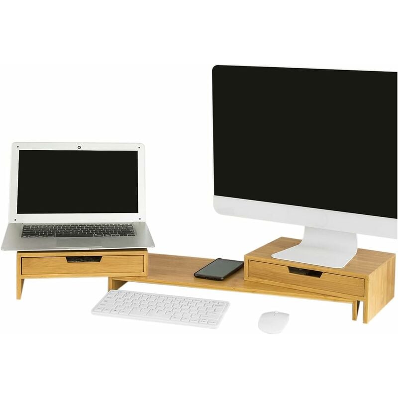 Relaxdays Support d'écran en bambou, 5 tiroirs, réhausseur d'écran d'ordinateur/laptop,  HxLxP : 14 x 54 x 23 cm, naturel