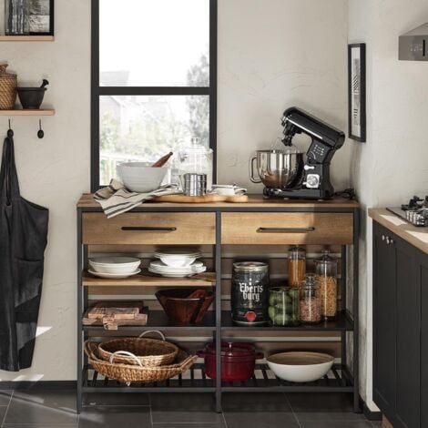 Îlot Central Style Industriel - 2 Tiroirs + 3 Étagères - Cadre Acier Stable - Multifonction Cuisine & Salon - 60×120×90 cm – SoBuy FSB85-PF