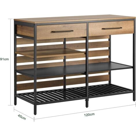 Îlot Central Style Industriel - 2 Tiroirs + 3 Étagères - Cadre Acier Stable - Multifonction Cuisine & Salon - 60×120×90 cm – SoBuy FSB85-PF