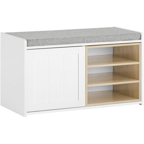 Banc à Chaussures 2 étages Avec Coussin En Lin – Rangement Malin Pour Entrée, Salon Ou Chambre (60 Cm, Bois Massif, Jusqu'à 250 Kg)