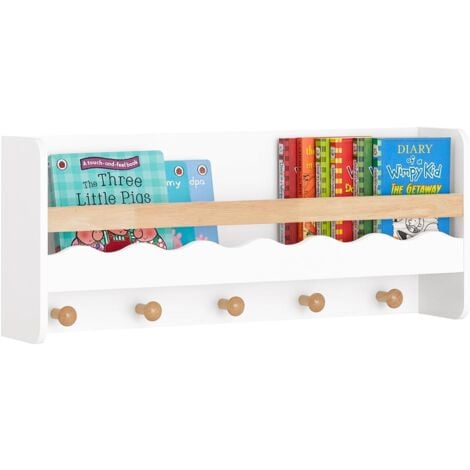 SoBuy KMB78-W Étagère Murale, Étagère de Rangement Suspendue, Porte-manteau pour Enfants, Étagère à Livres, Bibliothèque Murale avec 1 Étagère et 5 Crochets