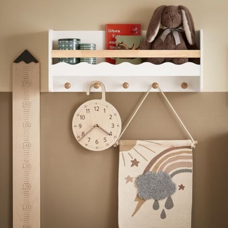 SoBuy KMB78-W Étagère Murale, Étagère de Rangement Suspendue, Porte-manteau pour Enfants, Étagère à Livres, Bibliothèque Murale avec 1 Étagère et 5 Crochets