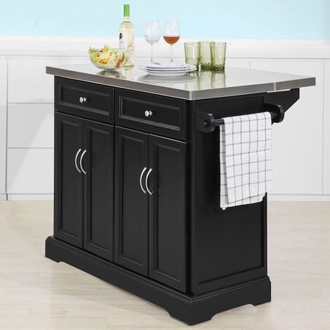 SoBuy FKW71-SCH Desserte sur roulettes Meuble de Cuisine de Service Roulant en Bois avec Plans de Travail Rabattable en Acier INOX