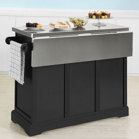SoBuy FKW71-SCH Desserte sur roulettes Meuble de Cuisine de Service Roulant en Bois avec Plans de Travail Rabattable en Acier INOX