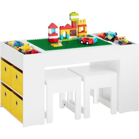 Sobuy – Table enfant KMB75W avec 2 tabourets – Dimensions 87 x 50 x 50 cm – 8 bacs de rangement – Surface réversible pour blocs de construction
