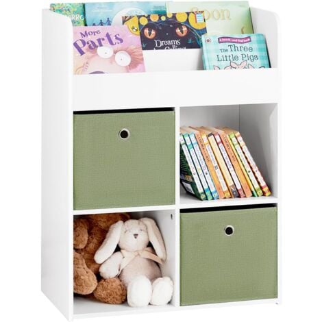 SoBuy KMB79-W Bibliothèque pour Enfant, Étagère de Rangement pour Jouets et Livres, Meuble de Rangement pour Chambre d’Enfants avec 3 Étagères, 4 Compartiments et 2 Boîtes de Rangement