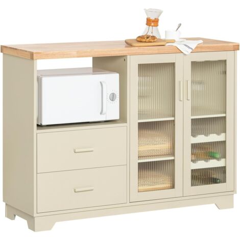 Sobuy – Buffet placard de cuisine FSB81MI – 2 portes vitrées – Dimensions L120 x P40 x H90 cm – Bois de chêne laqué beige – Meuble micro-ondes multi-rangements (1/5)