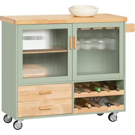 Sobuy – Desserte de cuisine sur roulettes FKW114GR – Îlot central avec plateau en bois d'hévéa – 2 portes, 2 tiroirs, porte-bouteilles 2 niveaux – Vert