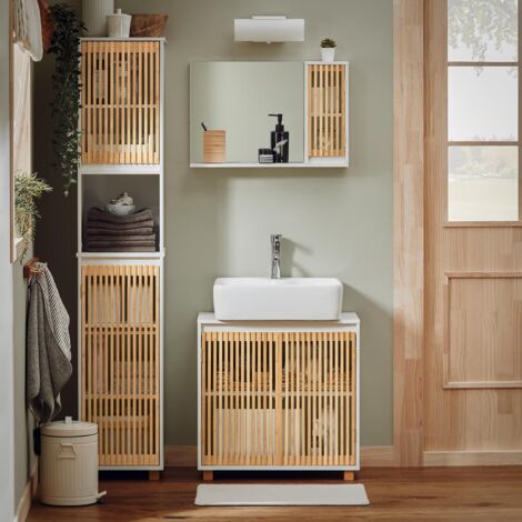 SoBuy BZR127-W  Meuble Colonne Armoire de Salle de Bain Étagère Étroite Meuble de Rangement Salle de Bain avec 2 portes, 1 compartiment, Blanc-Naturel