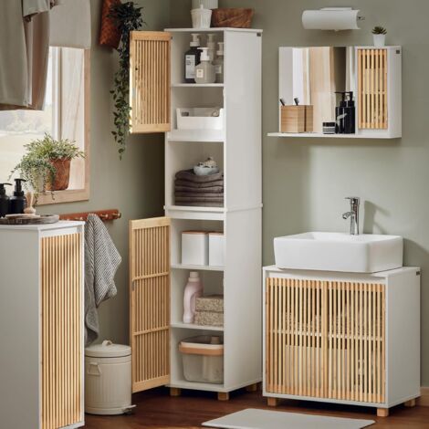 SoBuy BZR127-W  Meuble Colonne Armoire de Salle de Bain Étagère Étroite Meuble de Rangement Salle de Bain avec 2 portes, 1 compartiment, Blanc-Naturel