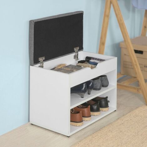 SoBuy Banc Rangement Chaussures 2 Étagères - 60x30x43cm, Coussin Rembourré, Blanc Et Gris