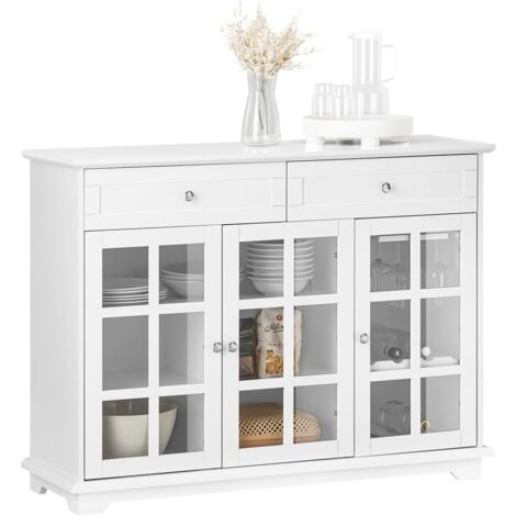 Sobuy – Buffet bas 119x40x90cm FSB77W – Meuble de rangement blanc avec 3 portes vitrées et 2 tiroirs – MDF E1, capacité 80kg