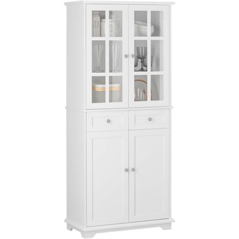 Sobuy – Buffet haut FSB76W – Armoire de rangement 75x40x175cm – MDF blanc avec 2 portes vitrées et 2 tiroirs – Capacité 100kg (1/5)