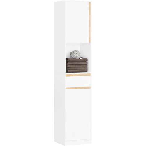 Sobuy – Colonne de salle de bain 170cm BZR80W – Armoire étroite avec 2 portes, tiroir et étagères réglables – Bois MDF et hévéa blanc (1/5)