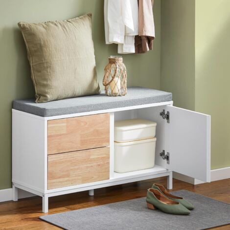 Banc Rangement Entrée Avec Coussin - 98x37x49cm | 2 Portes Et 4 Compartiments | Meuble Chaussures Gris