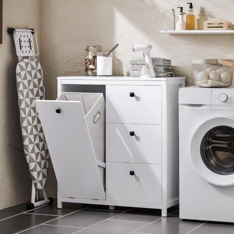 SoBuy BZR97-W Armoire à Linge avec Sac à Linge, Meuble Bas de Salle de Bain, Commode pour Salle ...