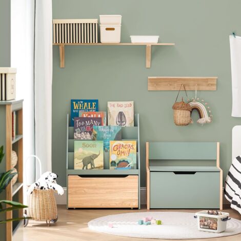 SoBuy KMB95-GR Étagère à Livres pour Enfant, Bibliothèque à Roulettes pour Chambre d'Enfant, Meuble Rangement Enfant pour Jouets et Livres, 4 Compartiments et 1 Tiroir à roulettes