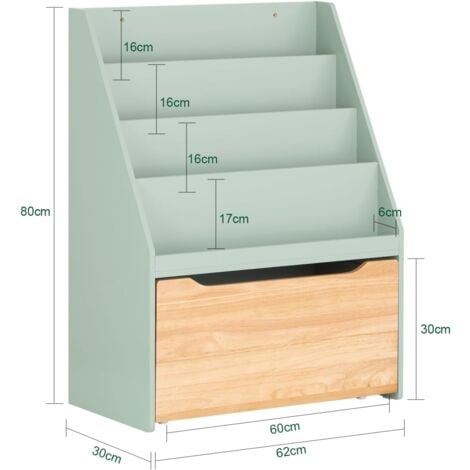 SoBuy KMB95-GR Étagère à Livres pour Enfant, Bibliothèque à Roulettes pour Chambre d'Enfant, Meuble Rangement Enfant pour Jouets et Livres, 4 Compartiments et 1 Tiroir à roulettes