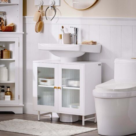 SoBuy Meuble Sous Lavabo Salle De Bain FRG202-W - Blanc, MDF Laqué, 60x30x62 Cm - 2 Portes Avec Aimants, Découpe Siphon, Rangement Optimisé