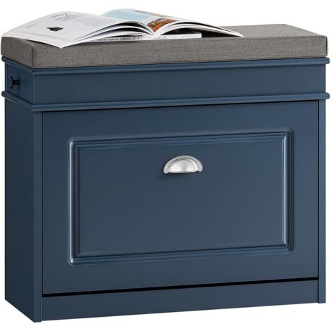 Sobuy – Banc d'entrée FSR82KB pour rangement chaussures – Dimensions L60xP24xH52 cm – Bois MDF bleu laqué avec coussin et tiroir