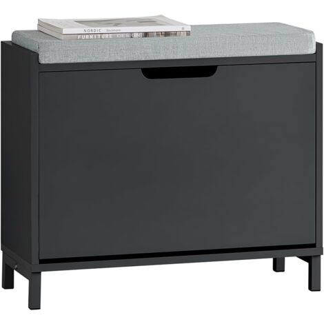 Sobuy – Banc à chaussures FSR151KSCH – Rangement pour chaussures avec 1 abattant – Dimensions L60xP24xH52 cm – MDF laqué noir avec coussin (1/8)