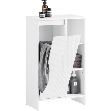 Sobuy – Armoire à linge BZR156W – Meuble bas de salle de bain avec sac à linge – 50x30x86 cm – MDF E1, panier textile non tissé – Installation facile