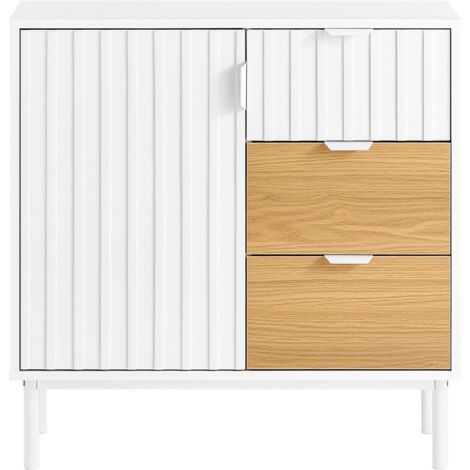 Buffet, meuble de rangement avec 3 Portes et 2 tiroirs, Noir Mat/Chêne