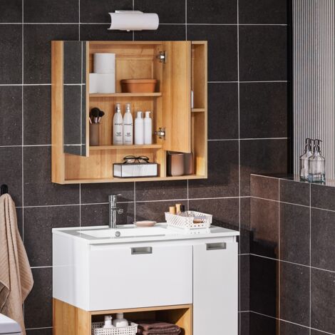 Armoire Murale Salle De Bain Avec Miroir - Meuble Suspendu Gris 60 X 20 X 49,5 Cm - 2 Portes, étagère Réglable, Compartiment Ouvert - BZR134-NG