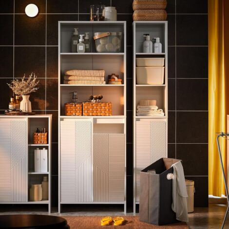 SoBuy BZR182-W Armoire De Salle De Bain Haute Avec Sac à Linge, Colonne Meuble Salle De Bain Avec 2 Portes, 2 Paniers à Linge Amovibles, 3 Compartiments Ouverts, 65x32x170 Cm, Blanc