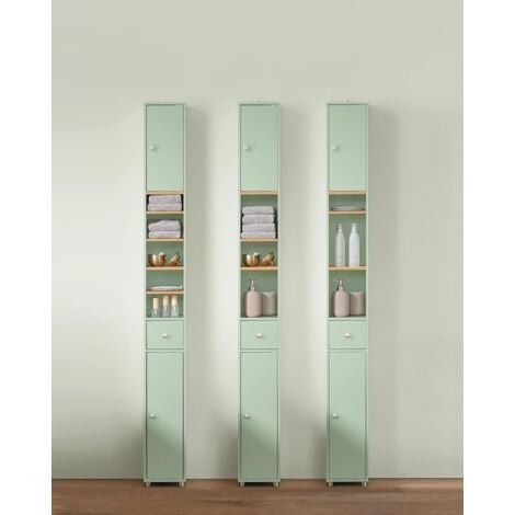 SoBuy BZR34-GR Meuble Colonne Salle de Bain, Armoire de Rangement Placard de Rangement Étroite, 1 Tiroir, 2 Portes et 5 Compartiments Ouverts, Étagères Réglables, Vert