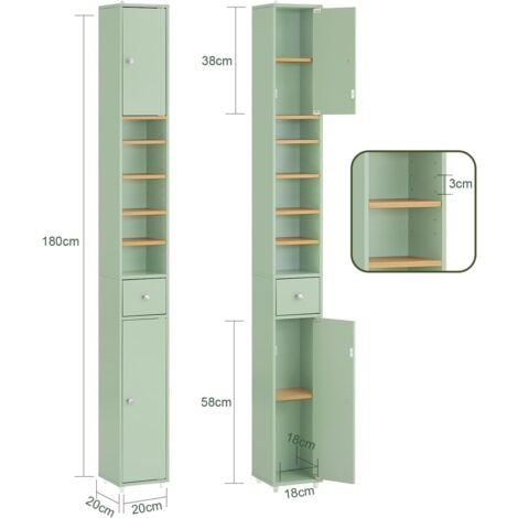 SoBuy BZR34-GR Meuble Colonne Salle de Bain, Armoire de Rangement Placard de Rangement Étroite, 1 Tiroir, 2 Portes et 5 Compartiments Ouverts, Étagères Réglables, Vert