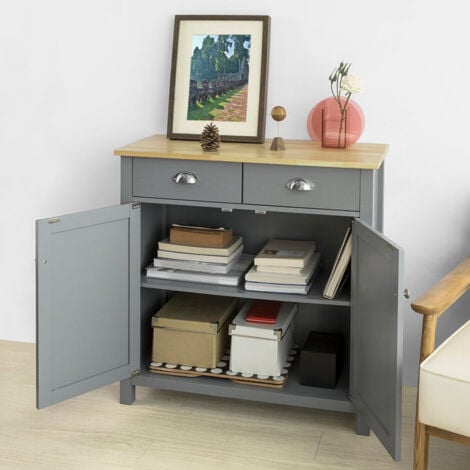 Rangement Table Console Meuble de Rangement pour entrée Chambre Salon avec 2 tiroirs et 2 Portes- Gris Clair,SoBuy® FSB25-HG