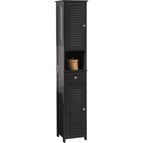 Meuble Colonne Salle de Bain en MDF Meuble Haut de Rangement avec 2 Portes Persiennes, 1 Tiroir et Niche Ouverte, Armoire WC/Toilette ou Cuisine 32x30x170 cm Noir FRG236-SCH