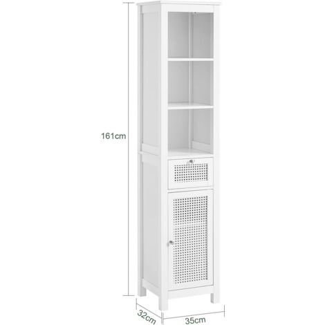 SoBuy BZR36-W Meuble Colonne de Salle de Bain Armoire Haute Placard de Rangement avec 1 porte en ploy rotin, 1 tiroir et 3 étagères, Blanc