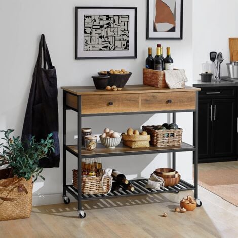 SoBuy FKW112-PF Desserte Roulante Chariot de Cuisine de 2 étages Industriel Meuble de Rangement à roulettes Chariot de Service avec 2 Tiroirs