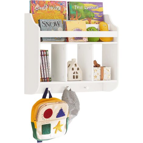 SoBuy KMB46-W Bibliothèque Murale, Étagère de Rangement pour Chambre d'enfants pour Ranger des Livres, Jouets, Étagère Murale à 2 Étages, 3 Compartiments et 3 crochets