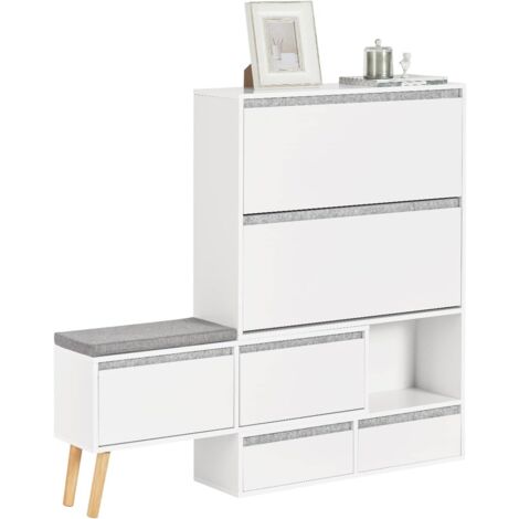Sobuy – Meuble à chaussures avec banc de rangement amovible FSR134W – Armoire d'entrée 126 cm – 2 abattants, 2 portes, 2 tiroirs – MDF laqué blanc