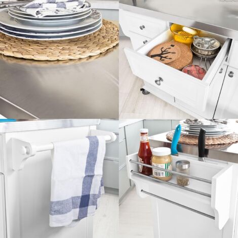 Table De Cuisine Mobile Pliable En Chêne - 132,5x44(70)x90cm, 5 Roulettes, Tiroir, étagères Réglables