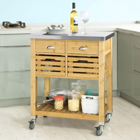 SoBuy FKW40-N Desserte sur roulettes Armoire de rangement cuisine en Bambou - Plan de travailen en Acier Inox résistant aux empreintes digitales