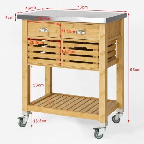 SoBuy FKW40-N Desserte sur roulettes Armoire de rangement cuisine en Bambou - Plan de travailen en Acier Inox résistant aux empreintes digitales