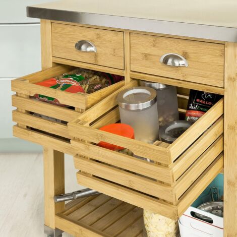 Desserte De Cuisine à Roulettes Avec Plateau Bambou - Meuble Rangement Avec Tiroir - 66x91x45 Cm - Blanc