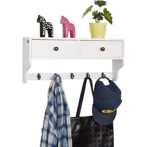 Sobuy – Portemanteau étagère murale FRG178W – Bois MDF laqué blanc – 5 crochets et 2 tiroirs – Installation rapide et facile